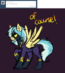 Size: 1280x1445 | Tagged: safe, artist:tracymod, derpibooru import, shutterfly, ask, ask tracy flash, grin, nightmare night, raised hoof, shadowbolts, smirk, solo, spread wings, tracy flash