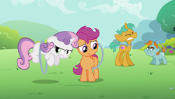 Size: 1920x1080 | Tagged: safe, derpibooru import, screencap, scootaloo, snails, snips, sweetie belle, the cutie pox, loop-de-hoop