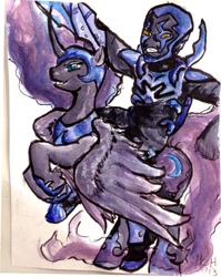 Size: 776x976 | Tagged: safe, artist:mirrankei, derpibooru import, nightmare moon, blue beetle, painting, young justice