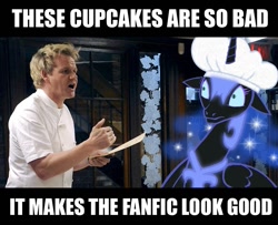 Size: 799x648 | Tagged: safe, artist:yenamuffin, derpibooru import, nightmare moon, fanfic:cupcakes, chef's hat, gordon ramsay, hat, image macro