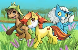 Size: 927x600 | Tagged: safe, artist:shakusaurus, derpibooru import, chespin, fennekin, froakie, pokémon, pokémon x and y, ponified