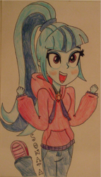 Size: 811x1418 | Tagged: safe, artist:blazingdazzlingdusk, sonata dusk, equestria girls, rainbow rocks, clothes, drawing, hoodie, smiling, solo, the dazzlings, traditional art, when she smiles