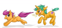 Size: 1322x604 | Tagged: safe, artist:cnat, derpibooru import, scootaloo, snails, exhausted, running