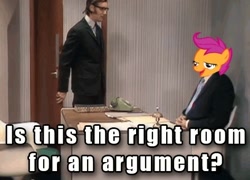 Size: 474x342 | Tagged: safe, derpibooru import, scootaloo, chickun, comedy routine in the comments, exploitable meme, forced meme, meme, monty python