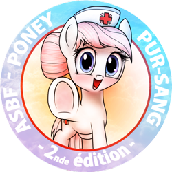 Size: 894x894 | Tagged: safe, artist:finalaspex, nurse redheart, earth pony, pony, asbf, badge, blood donation, blushing, cute, female, french, heartabetes, hoofbump, looking at you, mare, nurse, open mouth, smiling, solo, underhoof