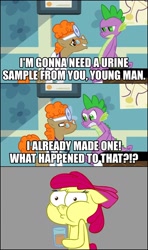 Size: 850x1437 | Tagged: safe, derpibooru import, screencap, apple bloom, doctor muffin top, spike, dragon, secret of my excess, drink meme, exploitable meme, hippocrates, horse md, meme