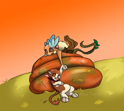 Size: 1006x900 | Tagged: safe, artist:alorix, arizona cow, velvet reindeer, cow, deer, reindeer, them's fightin' herds, cloven hooves, community related, female, food, lesbian, misleading thumbnail, pumpkin, shipping, velvezona, velvezona daily