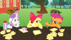 Size: 960x540 | Tagged: safe, derpibooru import, screencap, apple bloom, scootaloo, sweetie belle, ponyville confidential, animated, bored, cinemagraph, coffee, coffee mug, cutie mark crusaders, floppy ears, hoof on chin, looking up, loop, mug, notepad, paper, pencil, pondering, squishy cheeks, table, thinking, thousand yard stare
