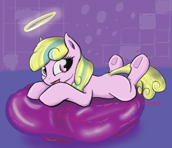 Size: 965x829 | Tagged: safe, artist:pantzar, derpibooru import, oc, oc only, oc:puppysmiles, earth pony, pony, fallout equestria, fallout equestria: pink eyes, askpuppysmiles, balloon, balloon sitting, cute, fanfic, fanfic art, female, filly, foal, fun, hooves, lying down, open mouth, riding, solo, underhoof