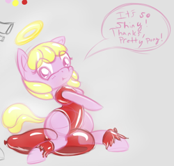 Size: 522x499 | Tagged: safe, artist:retl, derpibooru import, oc, oc only, oc:puppysmiles, earth pony, pony, fallout equestria, fallout equestria: pink eyes, balloon, balloon fetish, balloon popping, balloon sitting, comic, cute, fanfic, fanfic art, female, filly, foal, fun, gray background, hooves, latex, leotard, riding, rubber, shiny, simple background, solo