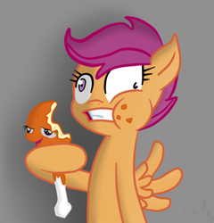 Size: 427x444 | Tagged: safe, derpibooru import, scootaloo, autocannibalism, cannibalism, chickun, derp, drumstick, eating, exploitable meme, food, forced meme, gritted teeth, meat, meme, ponies eating meat