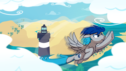 Size: 1920x1080 | Tagged: safe, artist:pepooni, derpibooru import, oc, oc only, pegasus, pony, flying, lighthouse, male, solo, stallion, swift flying