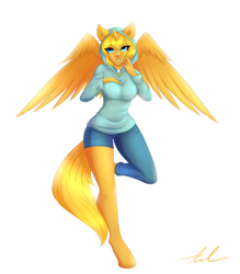 Size: 2996x3425 | Tagged: safe, artist:astatos-luna, derpibooru import, oc, oc only, oc:ticket, alicorn, anthro, unguligrade anthro, alicorn oc, anthro oc, clothes, hoodie, hooves, simple background, solo