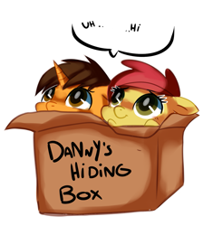 Size: 1277x1358 | Tagged: safe, artist:pepooni, derpibooru import, oc, oc only, oc:nemo, oc:peppy pines, pony, unicorn, box, cardboard box, female, hi, male, mare, stallion