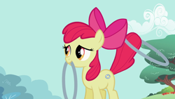 Size: 1920x1080 | Tagged: safe, derpibooru import, screencap, apple bloom, the cutie pox, loop-de-hoop, mouth hold, solo