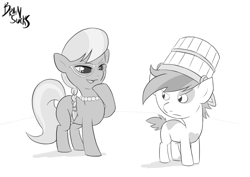 Size: 1024x726 | Tagged: safe, artist:brainsucks, derpibooru import, pipsqueak, silver spoon, bucket, monochrome, prank