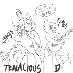 Size: 1000x1000 | Tagged: safe, artist:silver1kunai, derpibooru import, pony, bipedal, guitar, microphone, monochrome, ponified, tenacious d