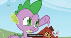 Size: 573x310 | Tagged: safe, derpibooru import, screencap, spike, dragon, the ticket master, ei, hub logo, hubble, meme, menu, religion, solo, the hub, youtube caption