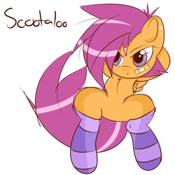 Size: 1024x1024 | Tagged: safe, artist:mooshilee, derpibooru import, scootaloo, clothes, socks, solo, striped socks