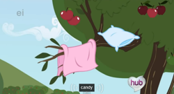 Size: 570x309 | Tagged: safe, derpibooru import, screencap, the ticket master, apple, apple tree, bed, candy, ei, hub logo, hubble, meme, pillow, quilt, the hub, tree, tree branch, youtube caption