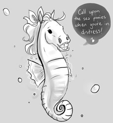 Size: 500x547 | Tagged: safe, artist:yunyin, derpibooru import, sea pony, hoers, monochrome, shoo be doo, single panel, solo, speech bubble, underwater