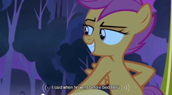 Size: 640x355 | Tagged: safe, derpibooru import, screencap, scootaloo, sleepless in ponyville, barbeque, food, grin, meme, solo, youtube caption