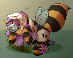 Size: 1280x1012 | Tagged: safe, artist:sugaryviolet, oc, oc only, oc:timed sleep, bee costume, clothes, costume, fake wings, sleeping, socks, solo, stockings, striped socks