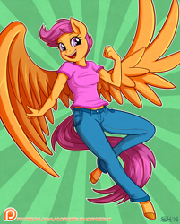 Size: 914x1137 | Tagged: safe, artist:sorcerushorserus, scootaloo, anthro, pegasus, unguligrade anthro, clothes, commission, happy, jeans, midriff, open mouth, pants, patreon, patreon logo, shirt, smiling, solo, sunburst background, the dashies