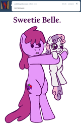 Size: 638x990 | Tagged: safe, artist:skoon, derpibooru import, berry punch, berryshine, sweetie belle, pony, ask, ask berry punch, holding a pony, tumblr