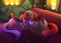 Size: 1280x902 | Tagged: safe, artist:sugaryviolet, oc, oc only, oc:aurora, oc:night ruby, bat pony, pony, bat wings, blushing, cuddling, female, hug, lesbian, snuggling, sofa, winghug