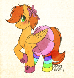 Size: 1209x1280 | Tagged: safe, artist:sugaryviolet, oc, oc only, oc:redjey, clothes, crossdressing, pouting, rainbow socks, skirt, socks, solo, striped socks