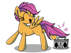 Size: 980x730 | Tagged: safe, artist:daniel-sg, derpibooru import, scootaloo, boombox, dancing, music, solo