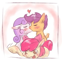 Size: 776x750 | Tagged: safe, artist:rigi, derpibooru import, apple bloom, scootaloo, sweetie belle, cutie mark crusaders, female, kissing, lesbian, pixiv, scootabelle, shipping