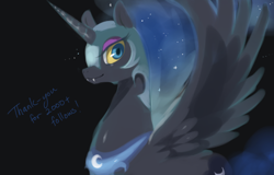 Size: 500x319 | Tagged: safe, artist:jiayi, derpibooru import, nightmare moon, alicorn, pony, armor, black background, ethereal mane, female, helmet, mare, simple background, solo, starry mane, thank you, wings