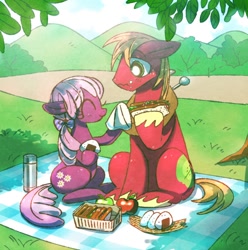 Size: 936x942 | Tagged: safe, artist:nmnkgskds, derpibooru import, big macintosh, cheerilee, earth pony, pony, alternate hairstyle, bow, cheerimac, eating, food, handkerchief, male, onigiri, picnic, pixiv, sandwich, shipping, stallion, straight