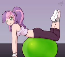 Size: 2413x2136 | Tagged: safe, artist:scorpdk, sweetie belle, human, adorasexy, clothes, cute, exercise ball, female, humanized, looking at you, midriff, older, open mouth, sexy, solo, tanktop, wristband, yoga, yoga pants