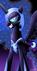 Size: 365x700 | Tagged: safe, artist:leibi97, derpibooru import, nightmare moon, alicorn, pony, black coat, female, gradient background, mare, smiling, solo, spread wings, teeth, wings