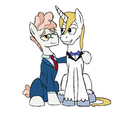 Size: 950x882 | Tagged: safe, artist:rexlupin, prince blueblood, svengallop, the mane attraction, :t, colored, crack shipping, gay, grin, hug, looking at each other, male, shipping, simple background, sitting, smiling, svenblood, transparent background