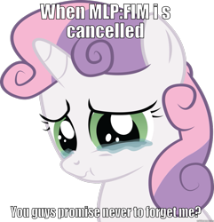 Size: 877x911 | Tagged: safe, derpibooru import, sweetie belle, bronybait, crying, depressing in hindsight, end of ponies, feels, image macro, in-universe pegasister, sad, sad in hindsight, scrunchy face, simple background, solo, title drop, transparent background, vector