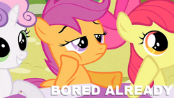 Size: 720x405 | Tagged: safe, derpibooru import, apple bloom, scootaloo, sweetie belle, bored, caption, frown, smiling