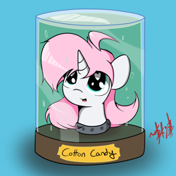 Size: 1400x1400 | Tagged: safe, artist:lightningnickel, derpibooru import, oc, oc only, oc:cotton candy, pony, unicorn, crossover, cute, disembodied head, futurama, head in a jar, heart eyes, jar, nightmare night, solo, tumblr, wingding eyes