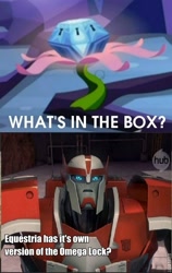 Size: 442x700 | Tagged: safe, derpibooru import, princess twilight sparkle (episode), season 4, exploitable meme, hub logo, image macro, mystery box of plot importance, omega lock, ratchet (transformers), transformers, transformers prime, what's in the box?