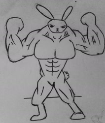 Size: 1611x1895 | Tagged: safe, artist:aer0 zer0, angel bunny, rabbit, animal, buff, grayscale, joke, lol, monochrome, muscles, overdeveloped muscles, sketch, solo, traditional art