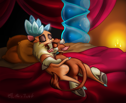 Size: 1103x900 | Tagged: safe, artist:alorix, arizona cow, velvet reindeer, cow, deer, reindeer, them's fightin' herds, bed, candle, community related, cuddling, eyes closed, female, lesbian, romance, ship, shipping, sleeping, snuggling, underhoof, velvezona, velvezona daily