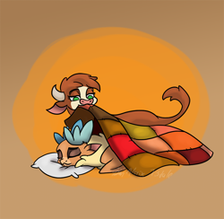 Size: 922x900 | Tagged: safe, artist:alorix, arizona cow, velvet reindeer, cow, deer, reindeer, them's fightin' herds, blanket, community related, eyes closed, female, lesbian, shipping, sleeping, velvezona, velvezona daily