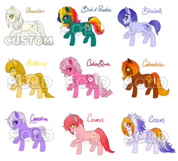 Size: 1084x984 | Tagged: safe, artist:toastiepony, derpibooru import, oc, oc only, oc:bird of paradise, oc:bluebell, oc:buttercup, oc:calendula, oc:calico bush, oc:carnation, oc:cosmos, oc:crocus, oc:oleander, pony, adoptable, female, mare, solo