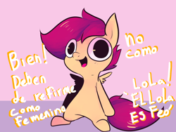 Size: 1280x960 | Tagged: safe, artist:spanish-scoot, derpibooru import, scootaloo, preguntascootaloo, solo, spanish