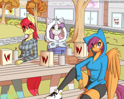 Size: 2500x2000 | Tagged: safe, artist:silverfox057, apple bloom, scootaloo, sweetie belle, anthro, earth pony, pegasus, plantigrade anthro, unicorn, ask, ask nerdy scootaloo, bubblegum, clothes, cutie mark crusaders, flannel, food, gum, hoodie, picnic table, shorts, socks, sweater, tennis shoes, tumblr