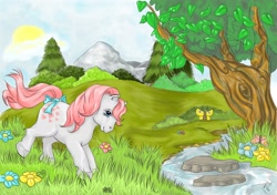 Size: 2000x1404 | Tagged: safe, artist:zombieprincess, derpibooru import, snuzzle, butterfly, earth pony, pony, g1, bow, female, flower, mare, solo, tail bow, tree