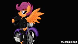 Size: 1920x1080 | Tagged: safe, artist:drawponies, derpibooru import, scootaloo, clothes, helmet, jacket, motorcycle, pants, solo